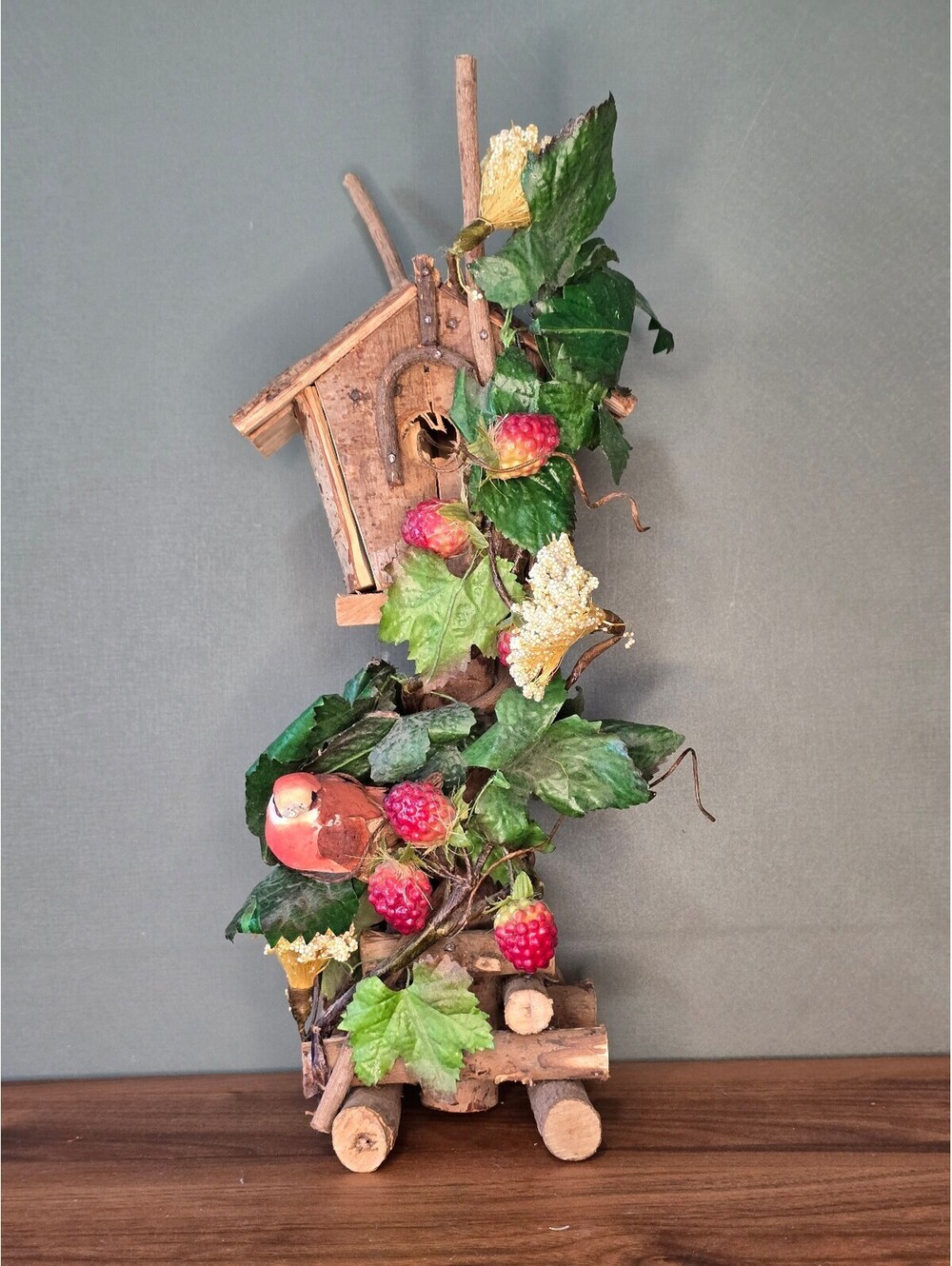 Rustic Wooden Birdhouse Table Decor with Faux Berries and Red Bird